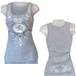 Express Y2K Lower Back Tattoo Metallic Embellished Tank Top Gray Gold Silver XS